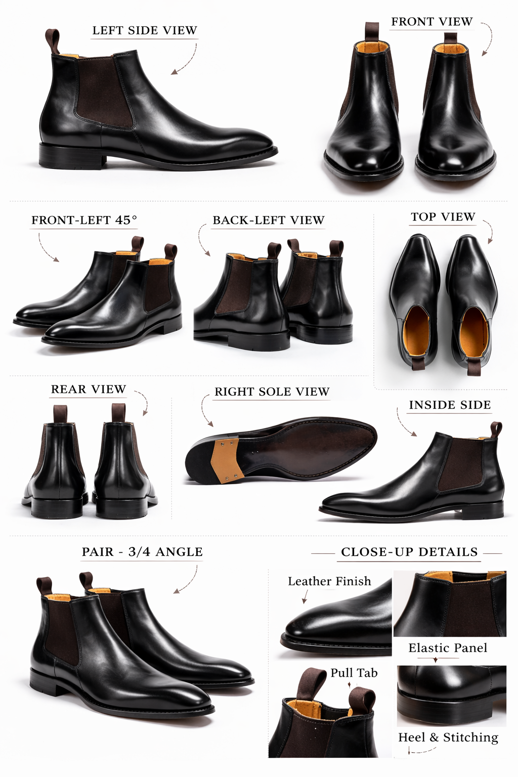 Men’s Brogue Style Genuine Chelsea Leather Handmade Long Boots Men - Como Rim Boots Black