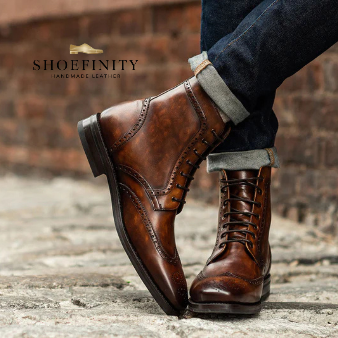 Men’s Brogue Style Round Waxed Cotton Rim Boots Dark Brown