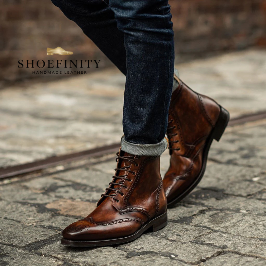 Men’s Brogue Style Round Waxed Cotton Rim Boots Dark Brown