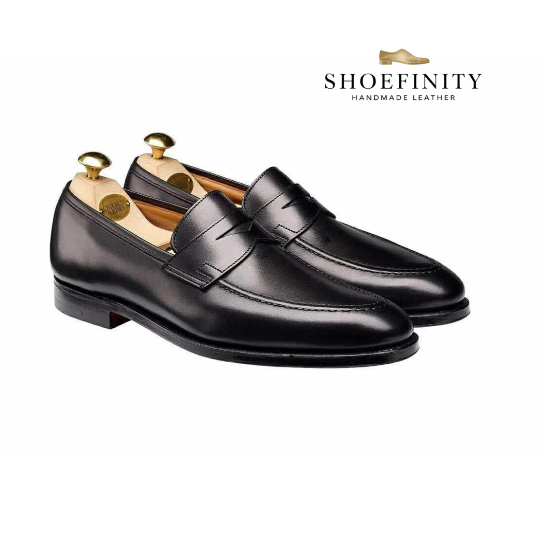 Men’s Classic Black Leather Penny Loafers – Handmade Formal Dress Shoes